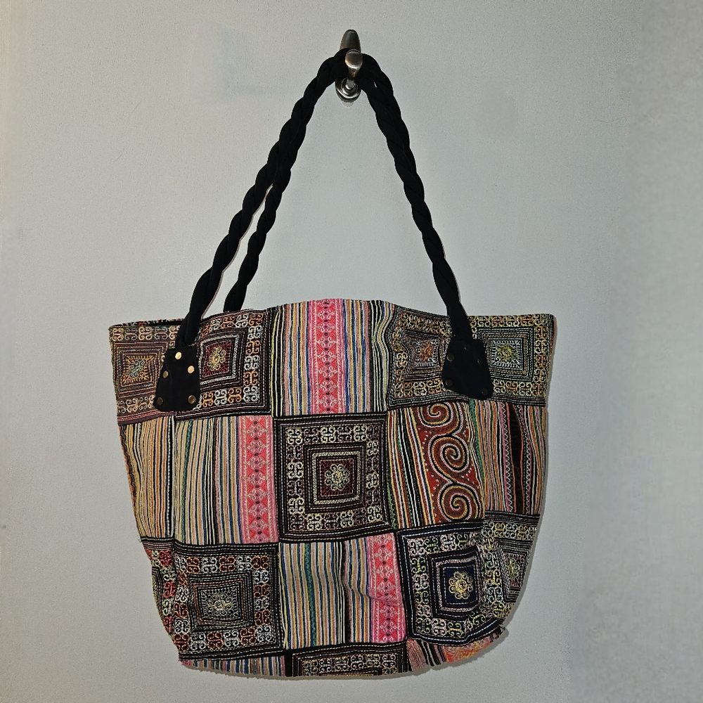 Embroidered Tote Bag Patchwork Bright Artsy Handmade Vibrant Beach Bag